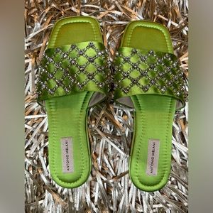 NEW ANTONIO MELANI Melanidacie Satin
Jeweled Flat Square Toe Slides Sandals